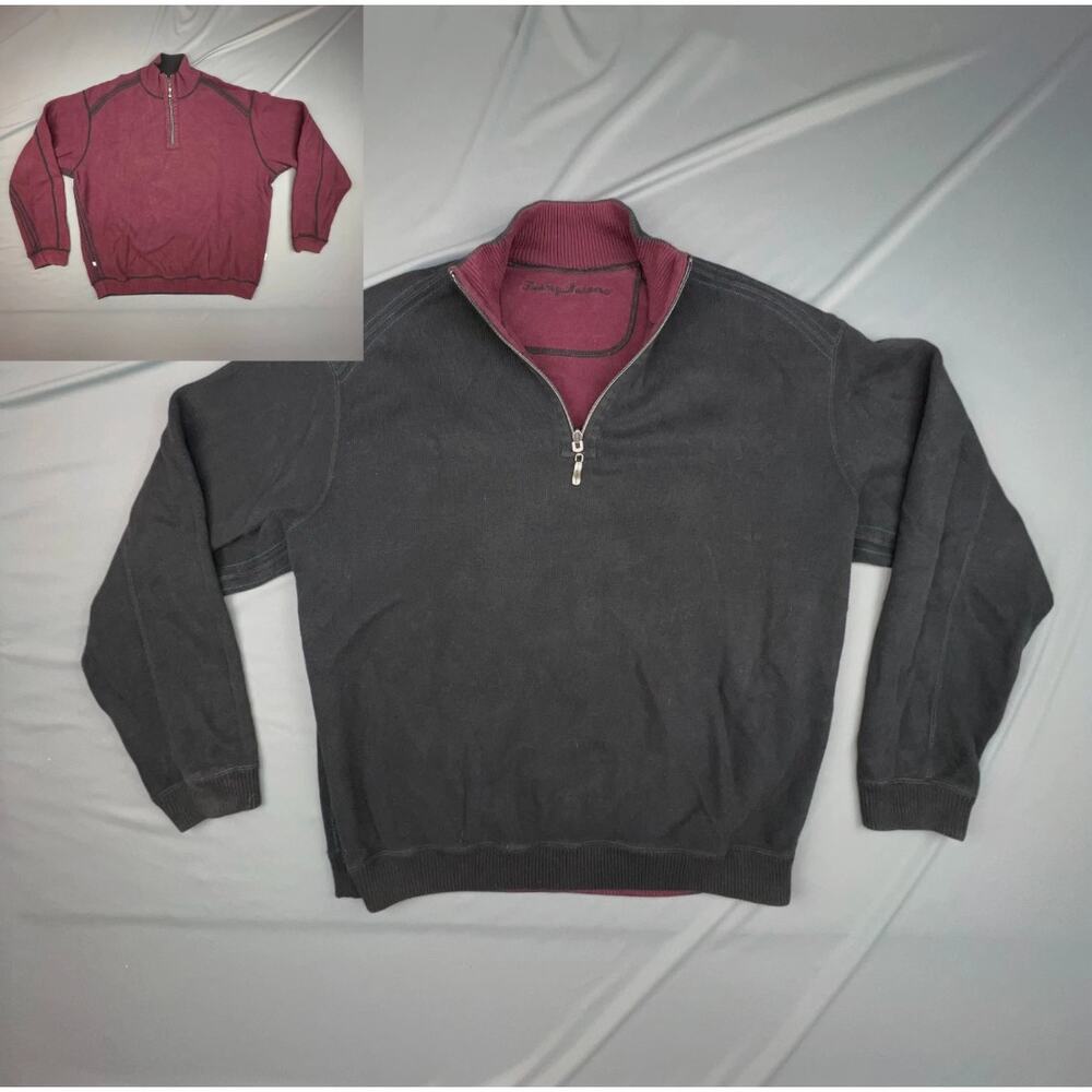Tommy Bahama Reversible Pullover Mens XL Black Maroon Quarter Zip Sweater